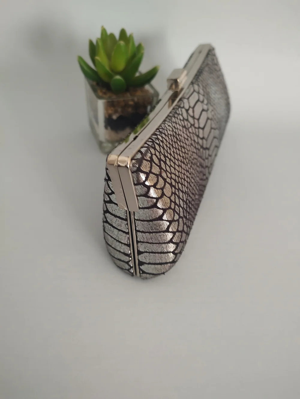 Metallic Snake-Print Evening Clutch with Chain Strap